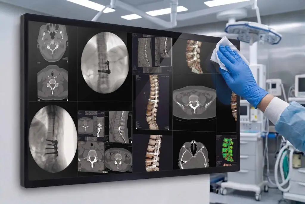 43-inch wall-mounted PACS display being disinfected in a hospital operating room