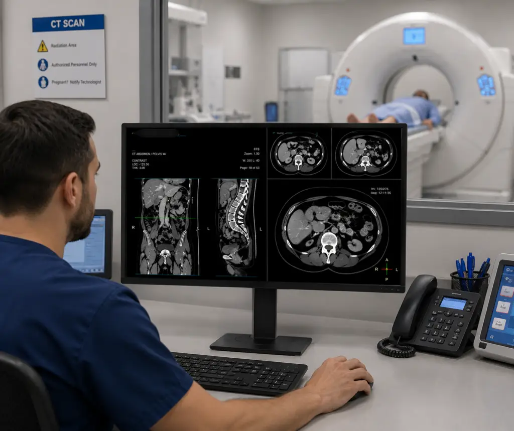 CL8MPS in a CT Control room with technologist
