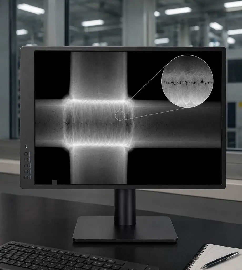 Calibrated grayscale weld radiograph detail on the DBI 3MP NDT display