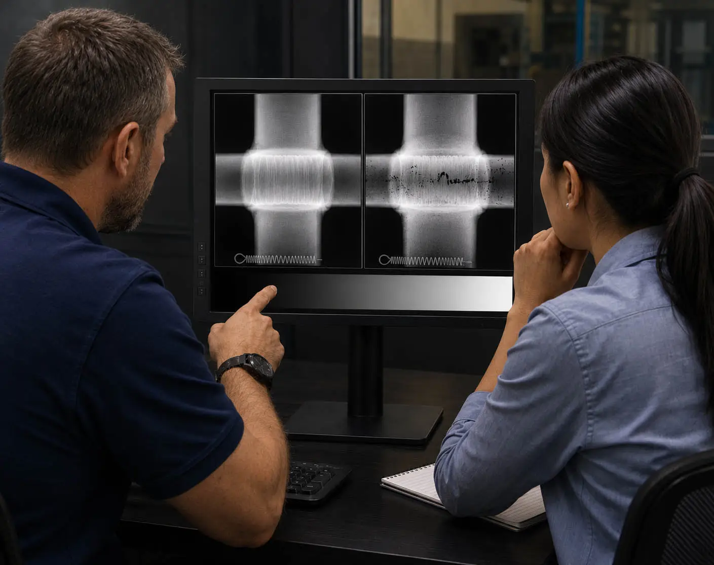Engineers reviewing NDT Imaging on 5MP