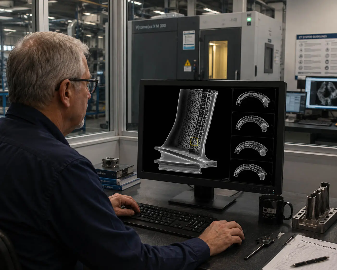 Industrial computed tomography (CT) inspection workflow of an aerospace turbine blade or van with DBI 8MP NDT