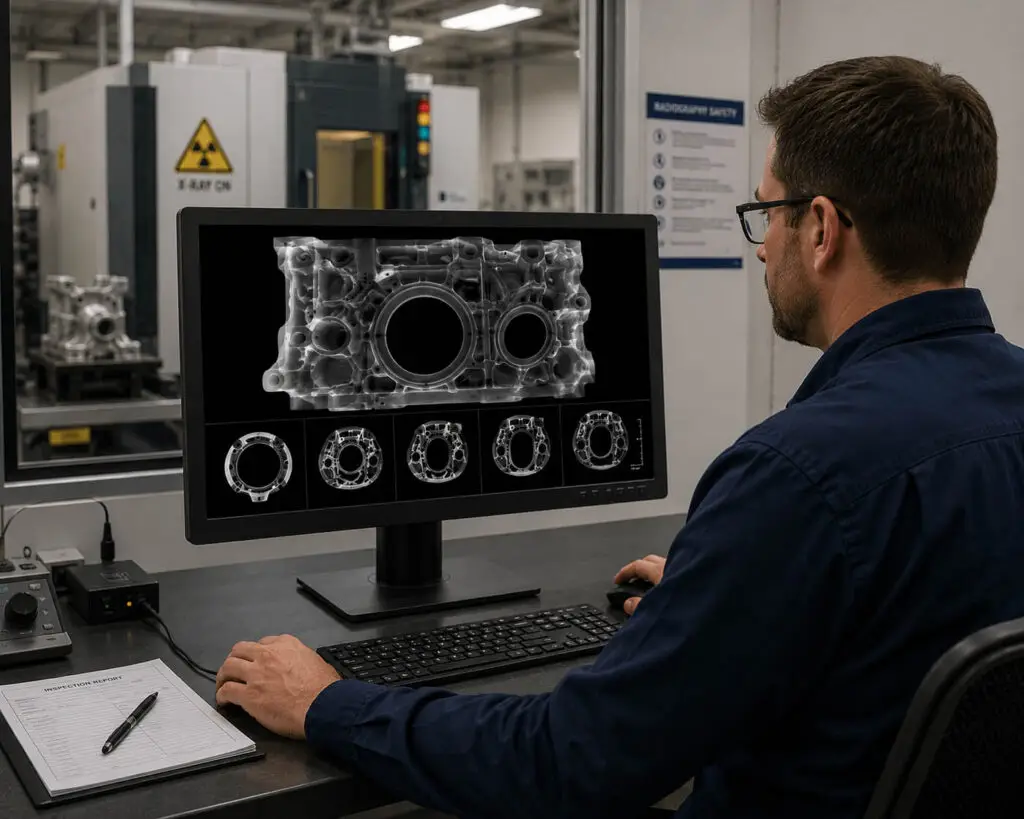 Large DR radiograph and CT slices displayed at size on the DBI 8MP NDT display