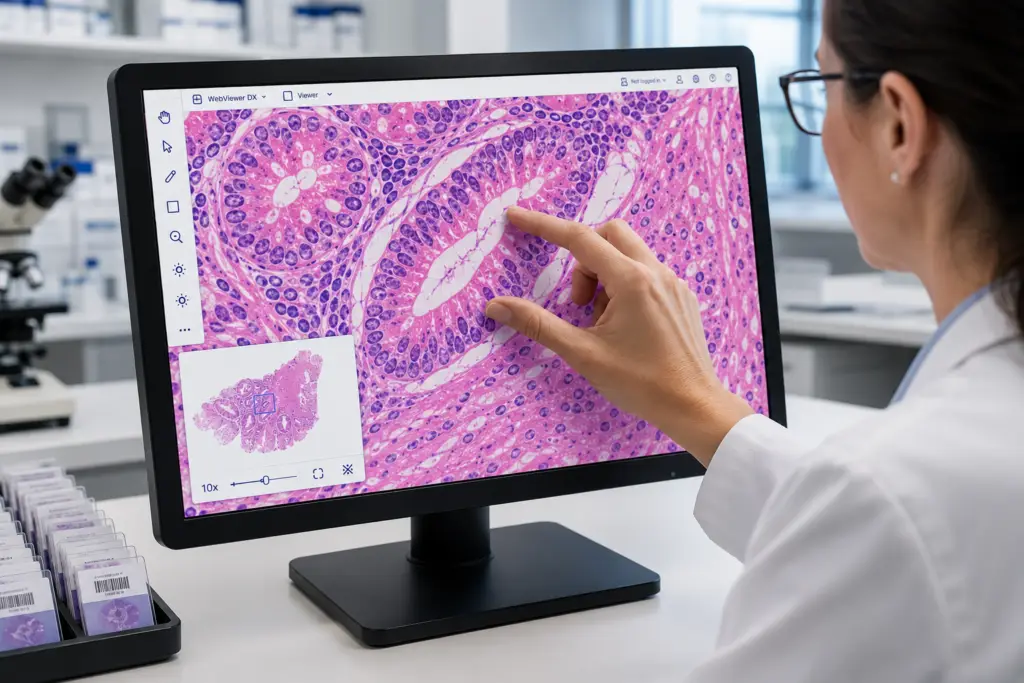 Pathologist using touchscreen on DB27T Pathology Display