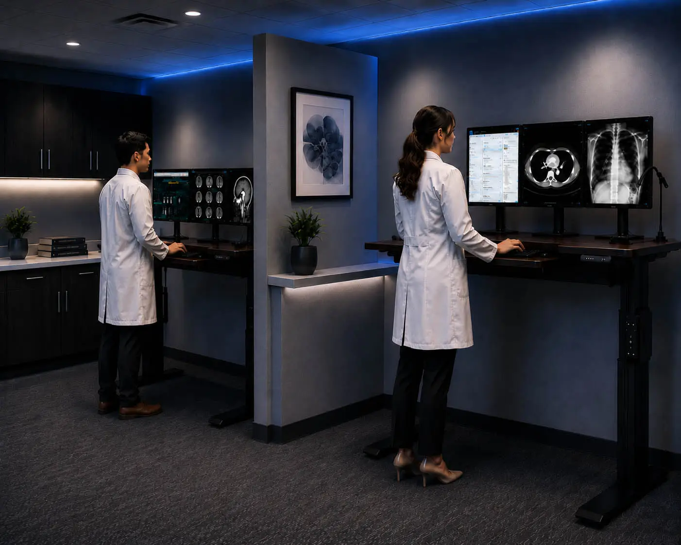 Tall and Short radiologist reading on Phoenix I dual surface workstations